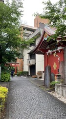 Landscape Japanese shrine scenery, “Kandamyojin” dating back to year 730 it was founded first in Otemachi, then relocated to Kanda in 1616.  Shot taken on year 2022 June 15th rainy weekday
