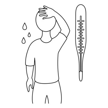 Fever. Sketch. Vector illustration. The patient checks the temperature with his hand, sweat drips from his forehead. The mercury thermometer has a high temperature. Outline on an isolated background. 