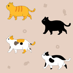 Cats seamless pattern. Tricolor, black and white; orange, tabby.