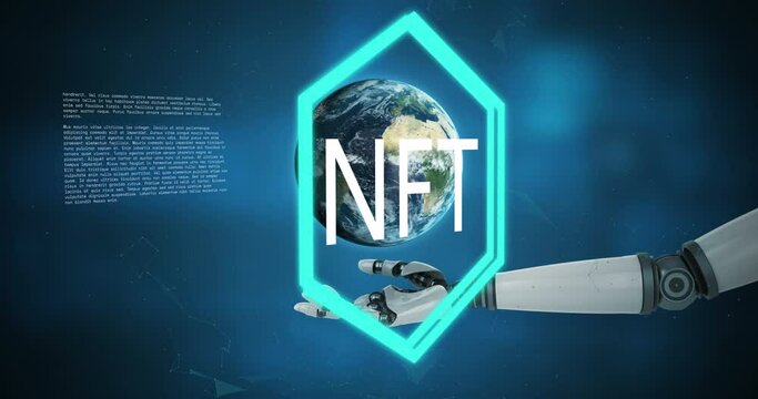 Animation of nft over globe and arm of robot
