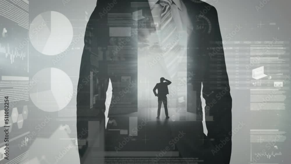 Poster animation of men silhouettes over data processing on digital screen