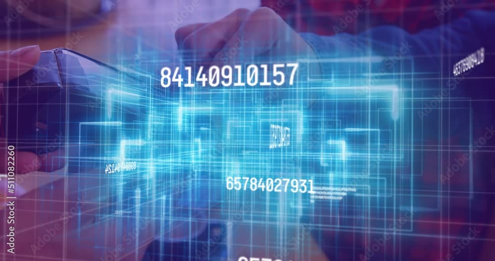 Poster animation of changing numbers over hands of caucasian man using payment terminal
