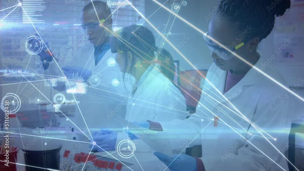 Aufkleber animation of network of connections over diverse scientists talking in lab