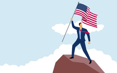 Businessman holding the flag of USA on top of a mountain