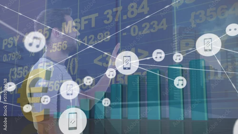 Poster animation of network of connections over caucasian man using touchscreen with financial data