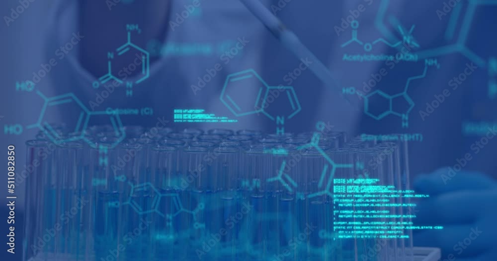 Poster animation of data processing and chemical formula over scientist