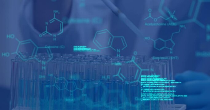 Animation of data processing and chemical formula over scientist