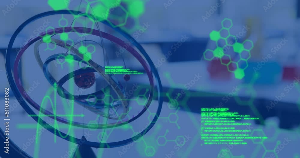 Poster animation of data processing and chemical formula over empty classroom