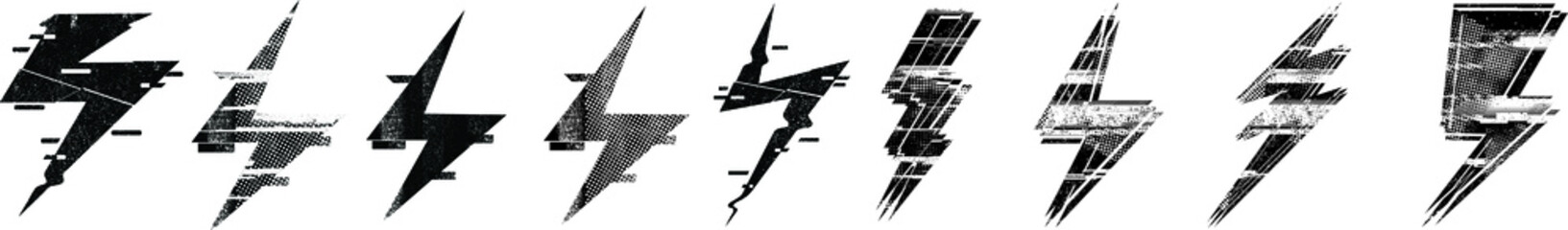 Thunder bolt lighting flash textured logo . Glitch effect .Electric power design element . Vector illustration. - obrazy, fototapety, plakaty