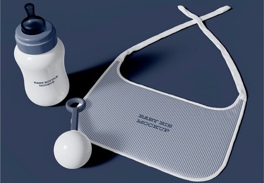 Feeding Bottle Rattle and Bib Baby Accessories Mockup