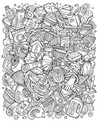 Fototapeta na wymiar Cleaning hand drawn raster doodles funny illustration.