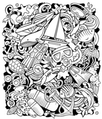 Diving cartoon raster doodles illustration.