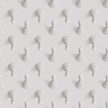 Marble white pawn chess piece seamless isometric pattern isolated on white. Business strategy concept background. 3d rendering
