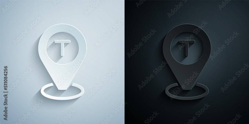 Poster paper cut map pointer with taxi car icon isolated on grey and black background. location symbol. pap