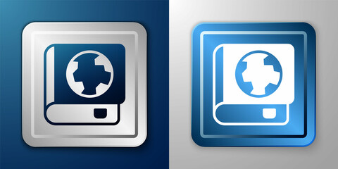 White Earth globe and book icon isolated on blue and grey background. World or Earth sign. Global internet symbol. Geometric shapes. Silver and blue square button. Vector