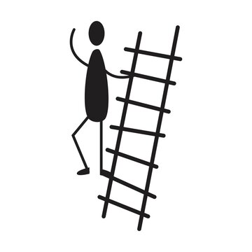 Stickman figure symbol with laddar illustration symbol in a vector glyph sketch pictogram