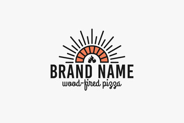 wood-fired pizza logo with a combination of an old wood-fired oven, sun, and sans sherif font.