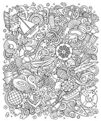 Marine hand drawn raster doodles illustration. Color funny picture.