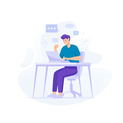 Man Happy Working on the Desk with Laptop Concept Flat Illustration