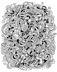 Music hand drawn raster doodles illustration. Musical poster design