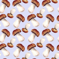 Watercolor seamless pattern with mushrooms, summer autumn forest background.
