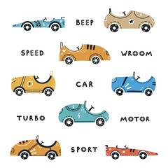 Hand-drawn cute racing cars on a white background in Scandinavian style. Vector set with cute cars for fabric, textile and wallpaper design.