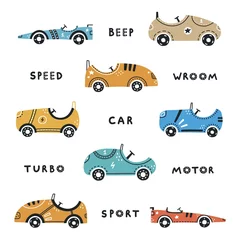 Peel and stick wall murals Cartoon cars Hand-drawn cute racing cars on a white background in Scandinavian style. Vector set with cute cars for fabric, textile and wallpaper design.