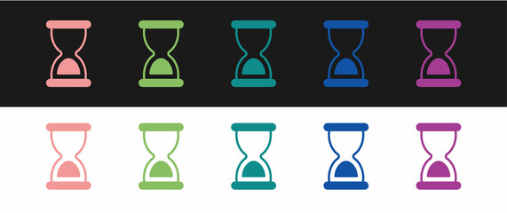 Set Old hourglass with flowing sand icon isolated on black and white background. Sand clock sign. Business and time management concept. Vector