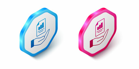 Fototapeta premium Isometric Contract in hand icon isolated on white background. Insurance concept. Security, safety, protection, protect concept. Hexagon button. Vector