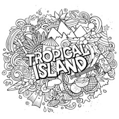 Tropical paradise hand drawn cartoon doodles illustration. Funny seasonal design