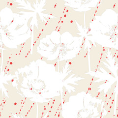 Seamless delicate floral pattern. White anemone flowers, red strokes on a light beige background.