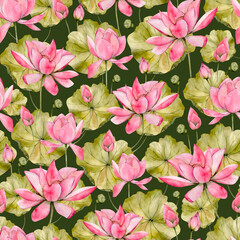 Hand Drawn Watercolor Pink Lotus Flowers Seamless Pattern. Water Lily Watercolour Digital Paper on a Green Background. Floral Print perfect for Wrapping Paper, Fabric, Textile and Wallpaper 