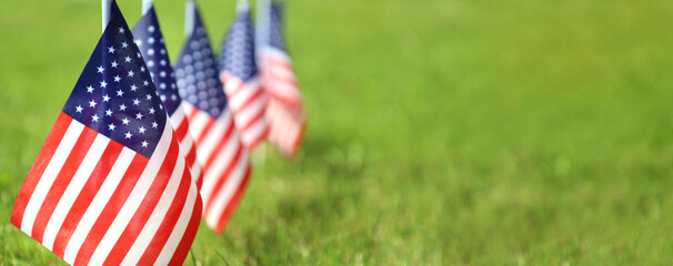 American flags on grass. Independence Day concept. USA holiday.