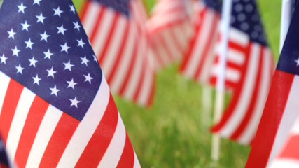 American flags on grass. Independence Day concept. USA holiday.