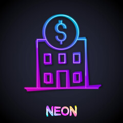 Glowing neon line Bank building icon isolated on black background. Vector