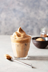 dalgona coffee in glass. trendy Instant coffee whipped with sugar and hot water