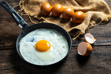 Fried eggs in a pan ready to eat in the morning.