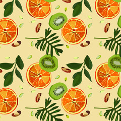 A bright  seamless pattern. Vector illustration of sliced dried fruits, nuts and seeds.  Healthy food and vegan diet. It can be used for packaging design and labels, as a background  for recipies