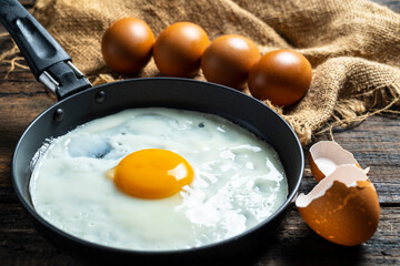 Fried eggs in a pan ready to eat in the morning.