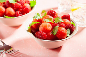 watermelon ball salad with raspberry lemon balm. healthy summer dessert