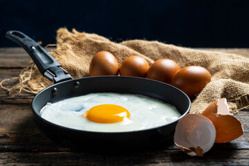 Fried eggs in a pan ready to eat in the morning.