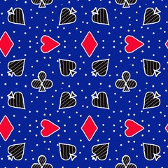 seamless background, card suits, spades, crosses, hearts, diamonds. infinite texture for paper, textile, fabric, packaging