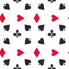 seamless background, card suits, spades, crosses, hearts, diamonds. infinite texture for paper, textile, fabric, packaging