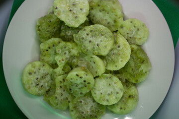 evocative close-up image of sliced green prickly pear fruit