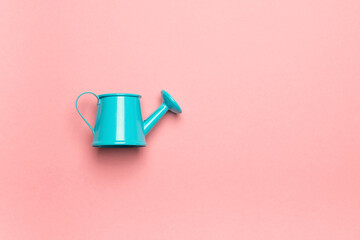 Blue watering can on a pink background. Minimalistic summer concept.