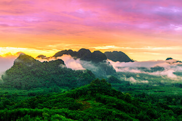 Plakat Beautiful View of Landscape during a summer sunrise, Colorful sunlight on top of mountain