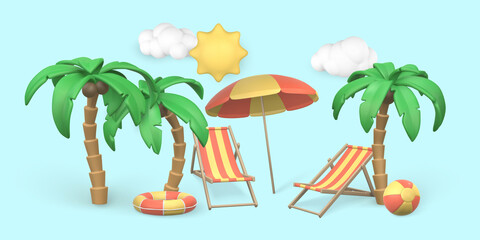 Summertime background. Summer 3d realistic render vector objects. Palm trees,  striped beach chairs,sun cloud, swim ball and ring. Vector illustration