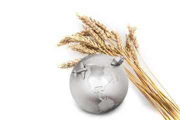 Wheat grains with globe. The concept of harvest, export, import, in countries. Bread shortage.