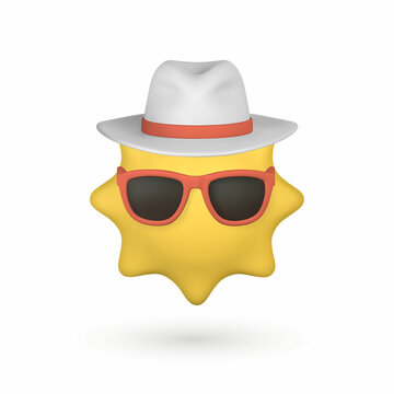 Cute cartoon 3d Sun with sunglasses and hat. Summertime object. Vector illustration
