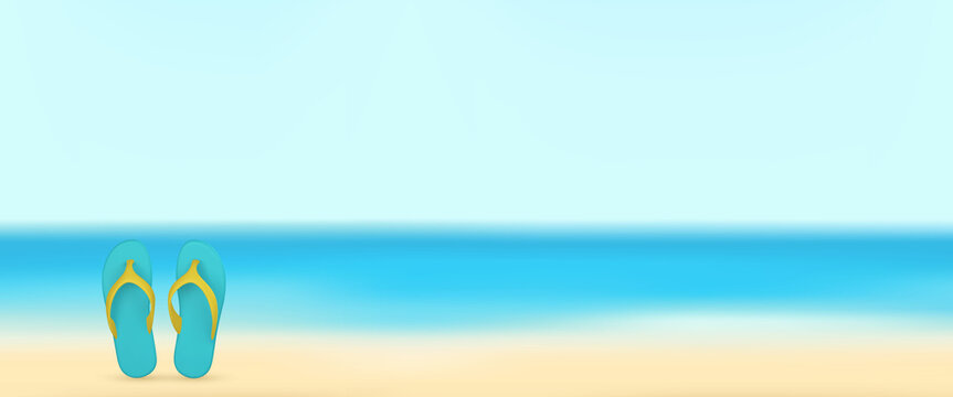 Summertime background with slippers on beach. Vector illustration